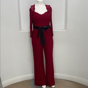 Adrianna Papell Crimson Red Lace Wide Leg Jumpsuit with Black Belt Size 12
